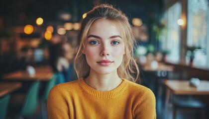 Young Woman in Cozy Cafe Setting Embracing Face-to-Face Interaction