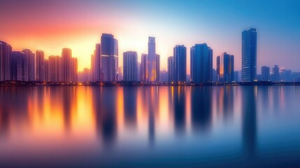 Fototapeta premium A stunning view of blurred city architecture reflecting in water at sunset, capturing the essence of urban beauty and tranquility in motion.