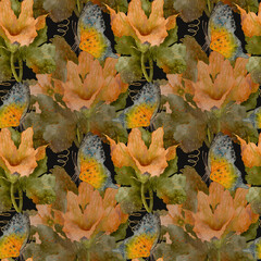 An Elegant and Beautiful Floral Pattern Featuring Soft Orange Blooms and Lush Green Foliage