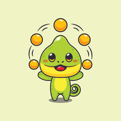 Chameleon circus attraction with balls cartoon vector illustration