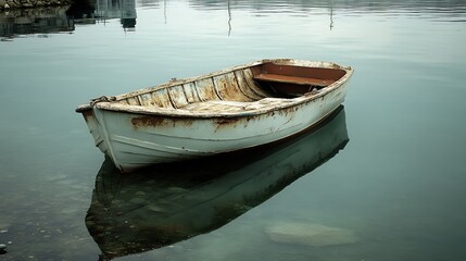 Vintage Boat Resting Peacefully on Serene Misty Lake Scenic Tranquil Reflection : Generative AI