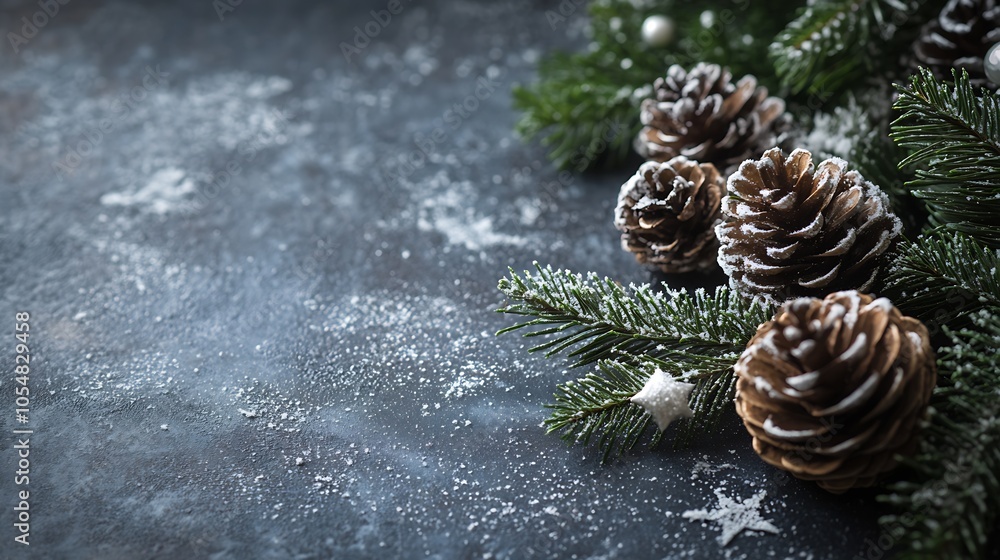 Poster snow dusted pinecones and fir branches on frosty surface with delicate white snowflakes : generative