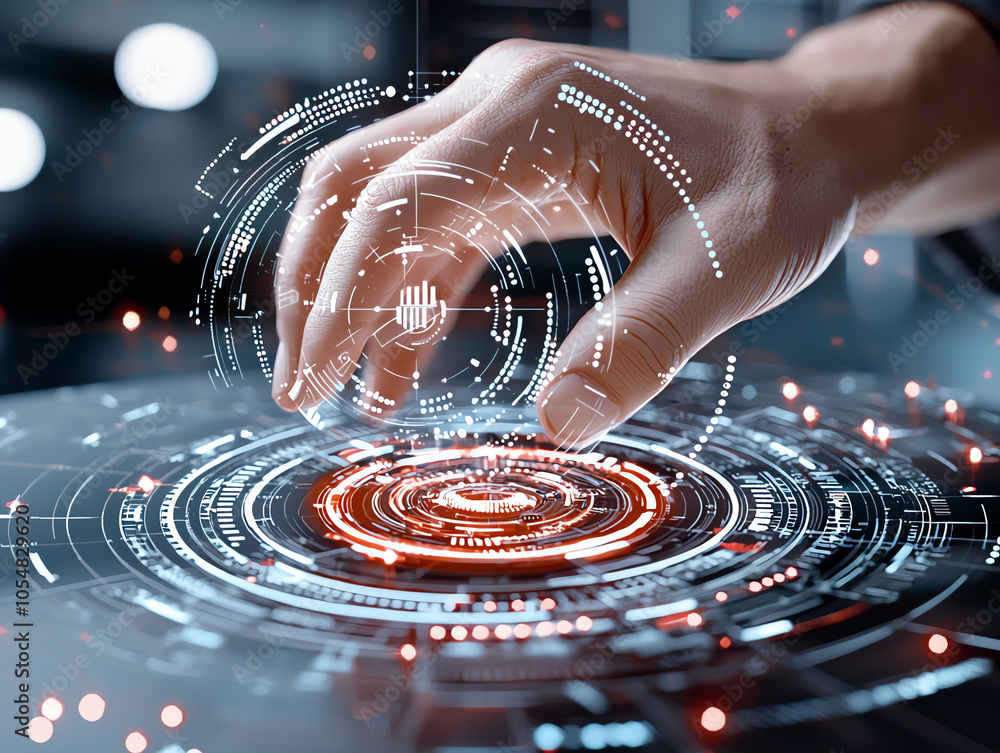 Poster exploring the future of interaction close-up of a hand engaging with a virtual keyboard in a high-te