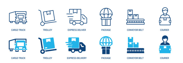 Delivery, distrubuting, warehouse, shipment line and glyph solid icons collection. Minimal icon and symbol series vector illustration