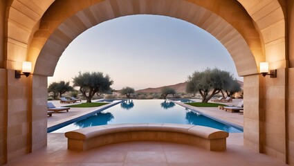 Fototapeta premium Tranquil Desert Resort with Scenic Stone Arches