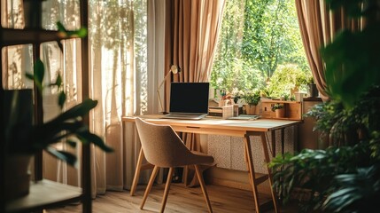 Fototapeta premium A stylish workspace showcasing casual look tab top curtains, offering privacy while allowing natural light to flow into the serene environment.