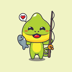 Chameleon catching fish with fishing rod cartoon vector illustration