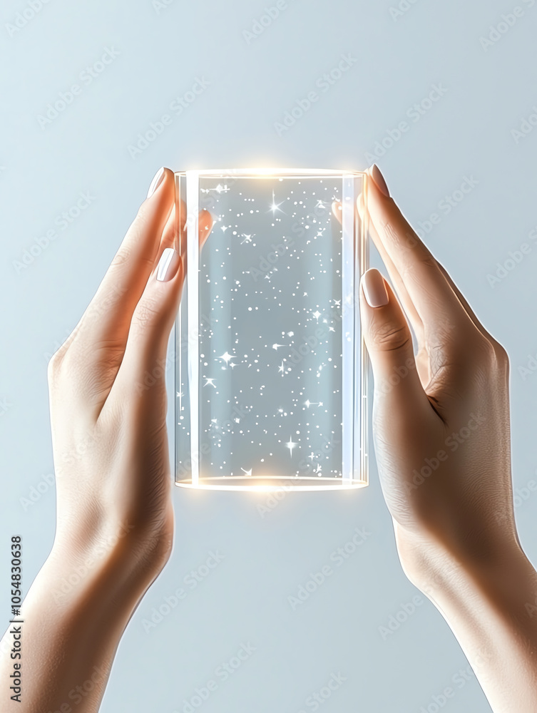 Poster crafting a new reality delicate hands adjusting a transparent object amidst a sparkling background
