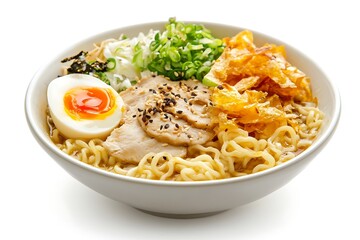 Steaming bowl of ramen featuring noodles, egg, chicken, crispy wonton skin, and fresh toppings