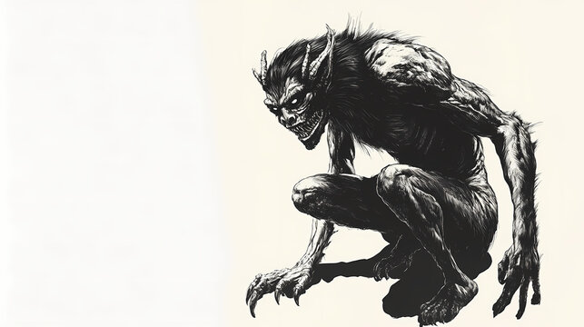 Black and white illustration of an aswang on a white background. Shapeshifter. Illustration