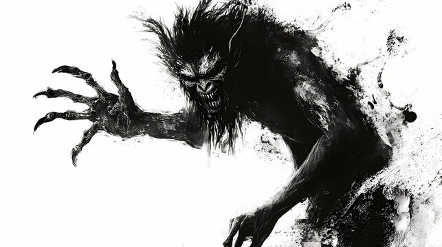 Black and white illustration of an aswang on a white background. Shapeshifter. Illustration