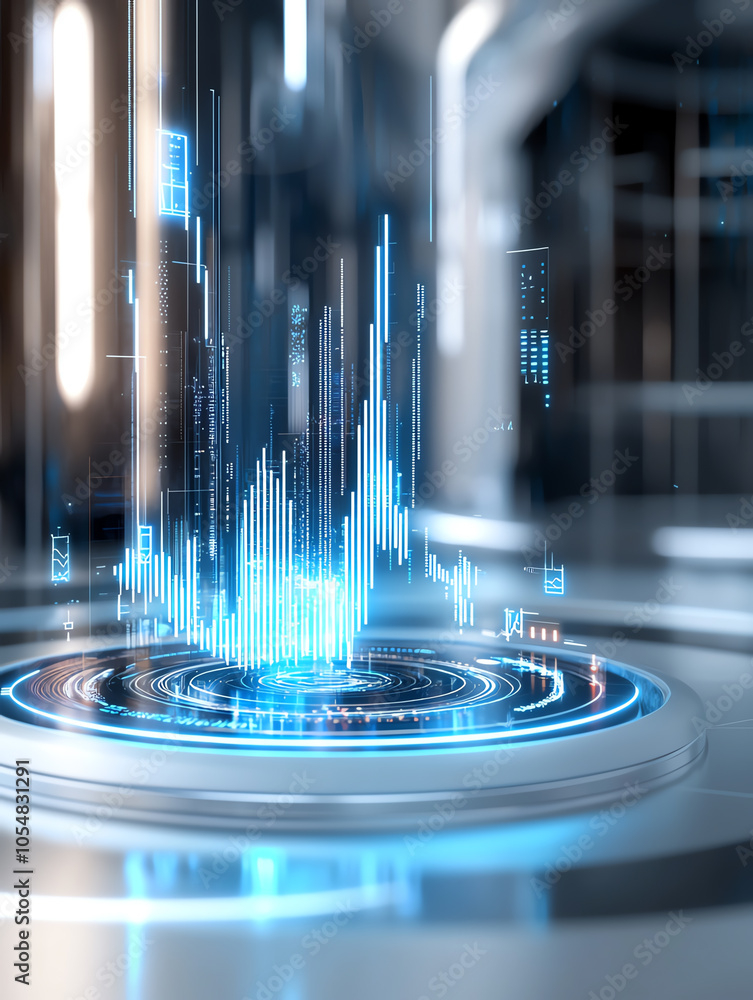 Poster futuristic office table featuring holographic world map and data growth visualization for enhanced b