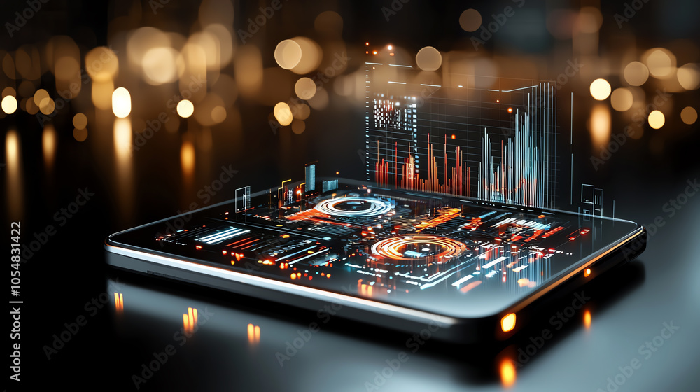 Poster revolutionizing business with innovative technology a sleek black tablet projects holographic data v