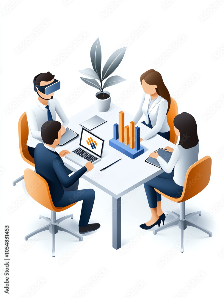 Poster collaborative team engaging in growth strategy analysis with virtual reality tools for enhanced deci