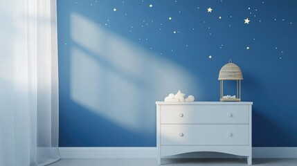 Fototapeta premium A tranquil nursery showcasing an empty white night table next to a blue starry wall, ideal for a child peaceful bedtime routine.