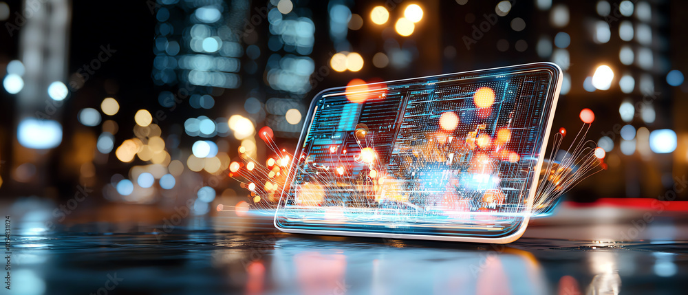 Poster illuminated transparent tablet displaying digital data amidst urban nightscape a fusion of technolog