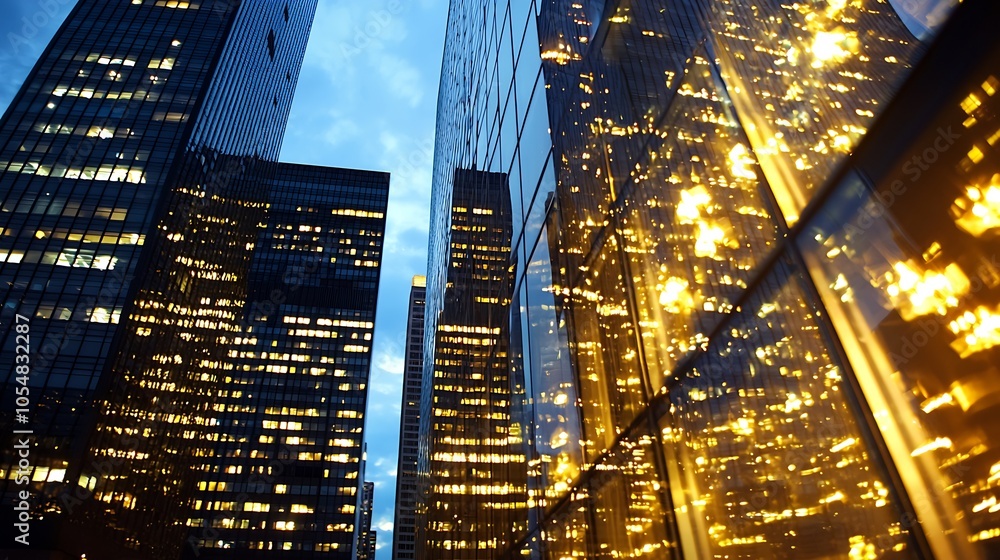 Poster illuminated skyscrapers reflecting city lights in modern urban architecture : generative ai