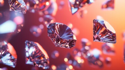 Sparkling Diamonds Falling on Red Background