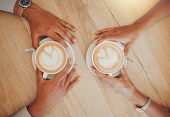 Hands, coffee and date in cafe with man, woman and bonding chat together above breakfast diner....