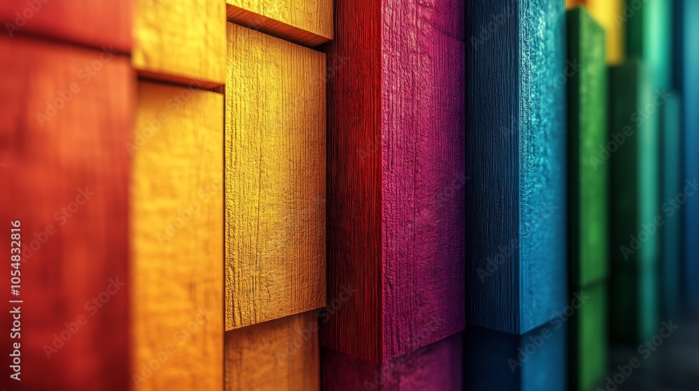 Aufkleber CloseUp of Vertical Rainbow Colored Wooden Blocks in Pattern : Generative AI