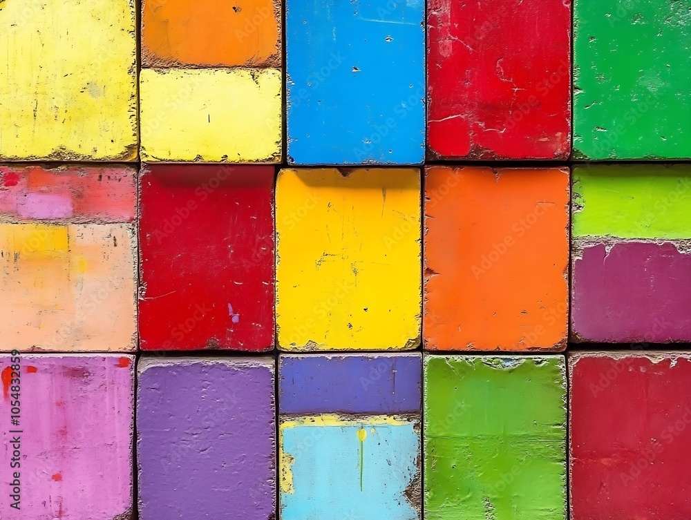 Aufkleber Bright Multicolored Square Blocks Texture with Worn Paint for Creative Designs : Generative AI
