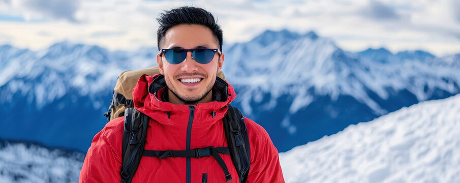 Smiling asian man in a red jacket and sunglasses amidst snowy mountain landscape. - Powered by Adobe