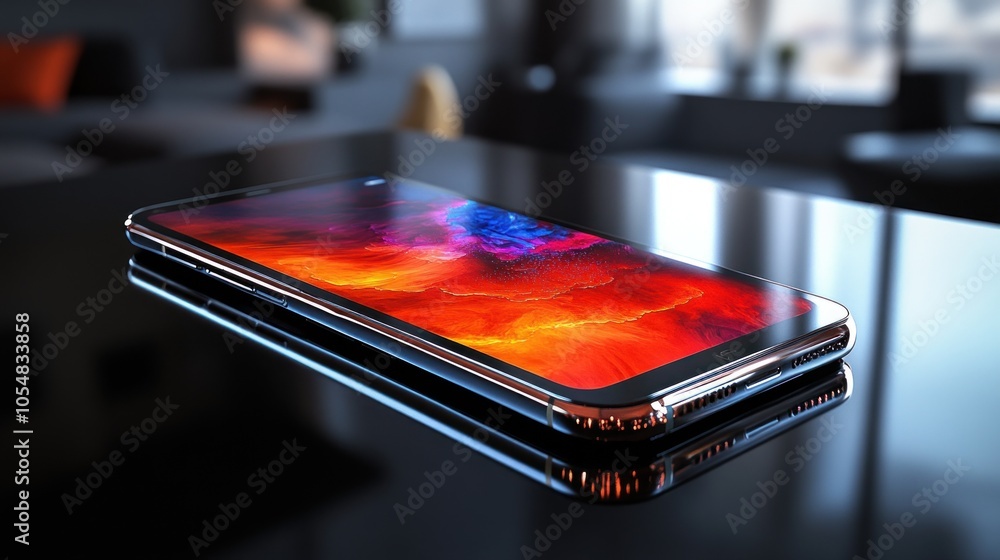 Poster a smartphone displaying vibrant abstract visuals on a reflective surface.