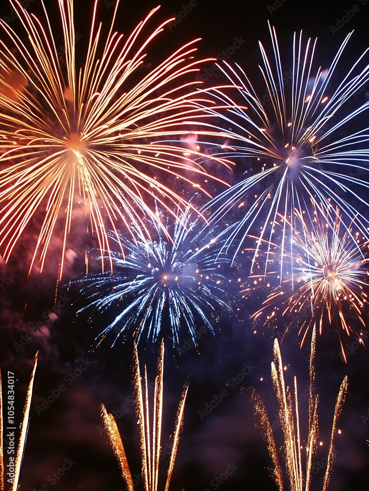 Aufkleber vibrant fireworks exploding in colorful night sky celebration background : generative ai