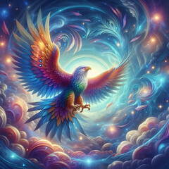 3D rendering of a beautiful eagle in a cosmic space with stars.