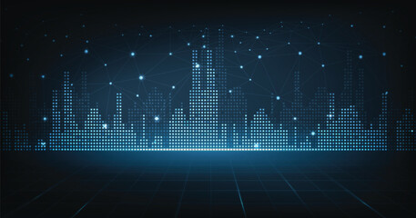  Cityscape with lines that connect with 5G technology. smart city internet network communication technology on a blue background. background, business IOT,  internet of things concept.