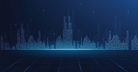 Cityscape Smart city on a dark blue background.Abstract future city building tech background. Blue digital smart futuristic cityscape concept.  