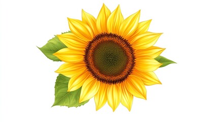 A vibrant sunflower with bright yellow petals and green leaves, symbolizing warmth and positivity in nature.