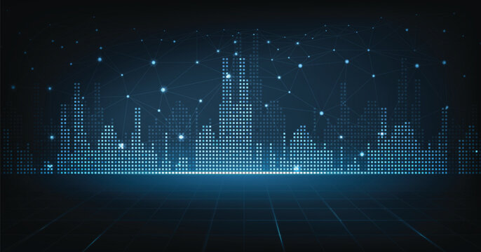  Cityscape with lines that connect with 5G technology. smart city internet network communication technology on a blue background. background, business IOT,  internet of things concept.