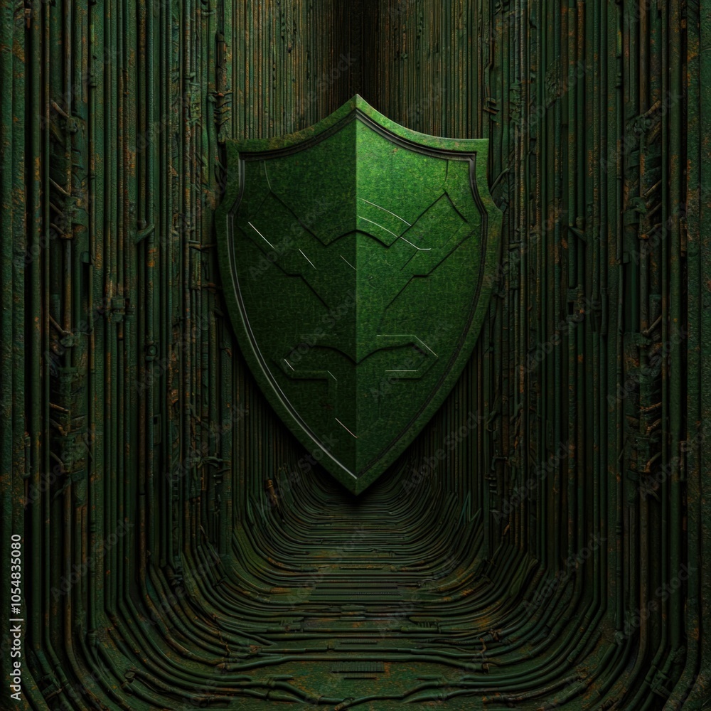 Poster intricate green shield design set against a high-tech background in a virtual realm
