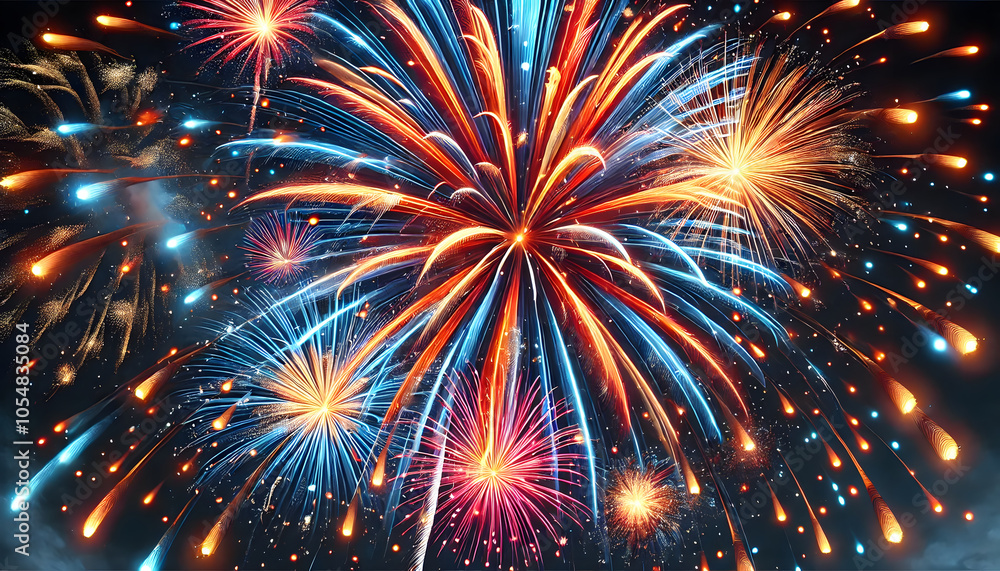 Poster a vibrant display of fireworks bursting in various colors against a dark sky, creating a festive and