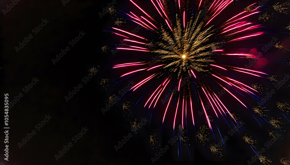 Poster a vibrant firework display lights up the night sky with bursts of pink and gold, creating a stunning