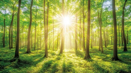 Obraz premium A beautiful forest scene with sunlight filtering through the trees, creating a tranquil open space for text.