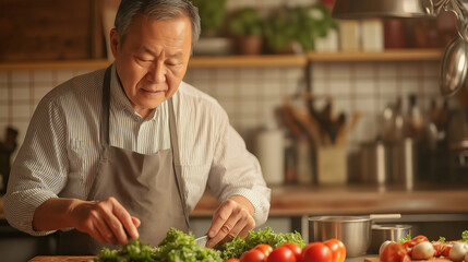 Elderly Asian Man Preparing Fresh Vegetables in Kitchen