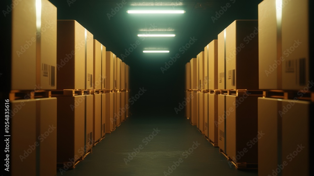 Poster exploring a modern warehouse environment with stacked cardboard boxes and soft lighting