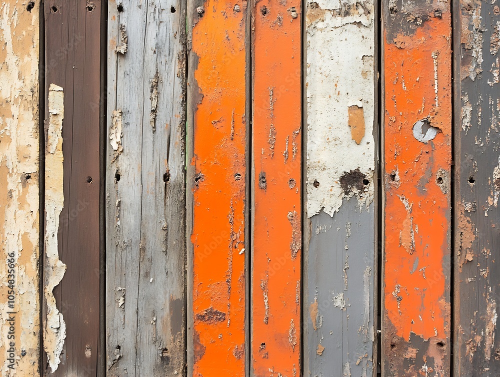 Poster rustic weathered wooden planks with peeling paint in orange and gray hues for texture : generative a