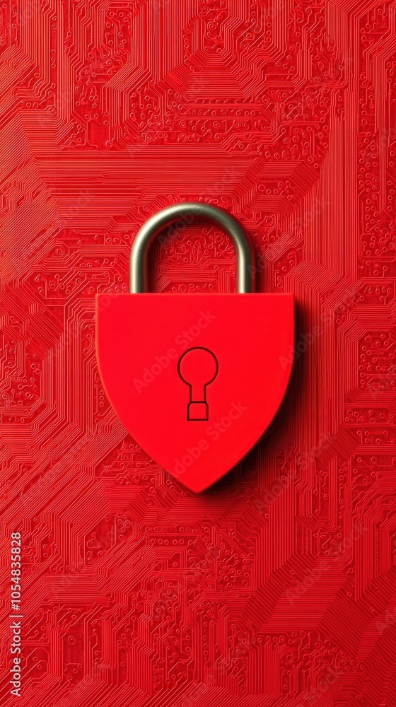 Poster red shield lock on circuit background symbolizing digital security and protection measures