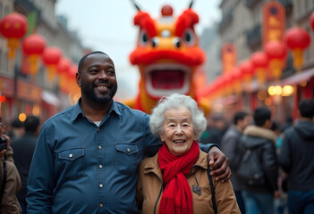 Obraz premium joyful moment captured during festive celebration, featuring smiling man and woman in front of vibrant dragon decoration. atmosphere is lively with colorful lanterns