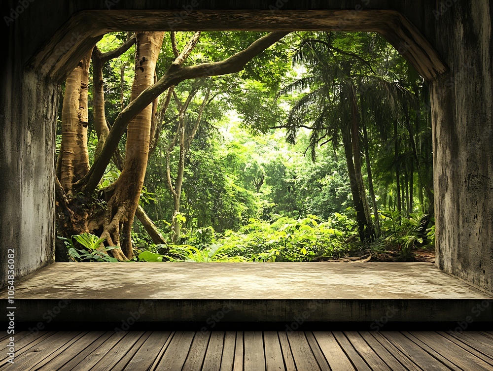 Poster scenic jungle view framed by a stone window in a tropical forest retreat : generative ai