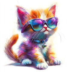Naklejka premium Charming kitten wearing colorful sunglasses, vibrant fur, playful pose, isolated on white background.