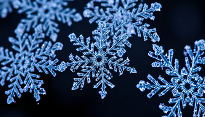 Close-up of snowflakes with intricate patterns on a dark background, highlighting natural beauty and detail