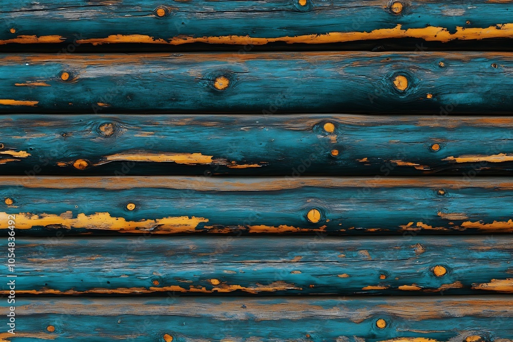 Poster weathered blue wooden log wall with horizontal patterns and rustic charm for vintage decor : generat