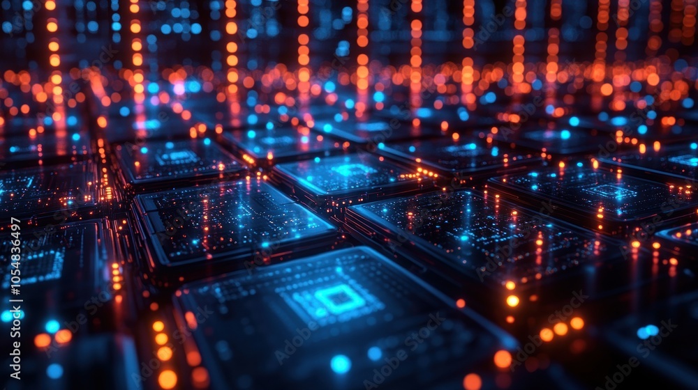 Aufkleber futuristic digital landscape with glowing circuits and data flows.