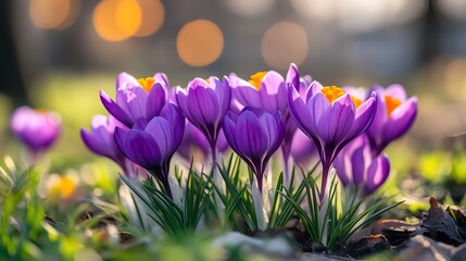 Beautiful purple crocus flowers blooming in a lush garden, capturing the essence of spring with...