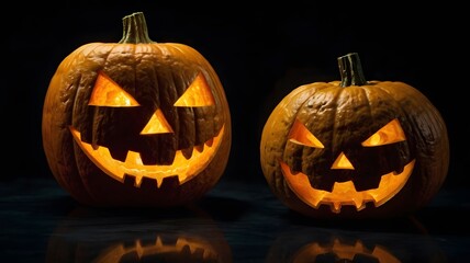 The vibrant orange of the Halloween pumpkins pops against the velvety black night.
