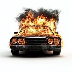 Car engulfed in flames, smoke billowing, on a white isolated background.